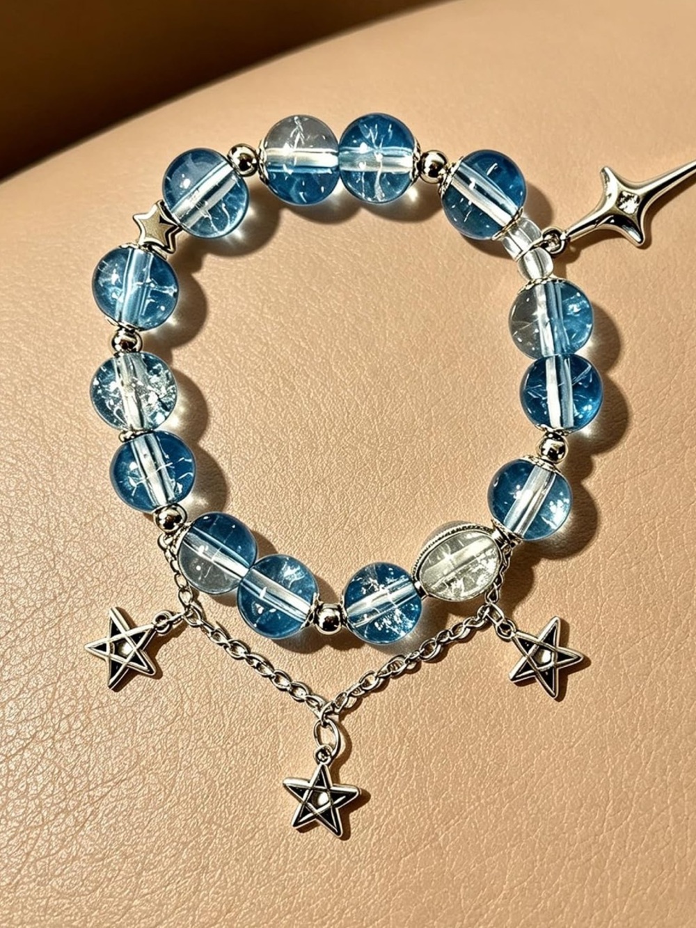 🆕New Stretchy Blue and Clear Crackle Beaded Bracelet with Star Charms - Picture 3 of 5